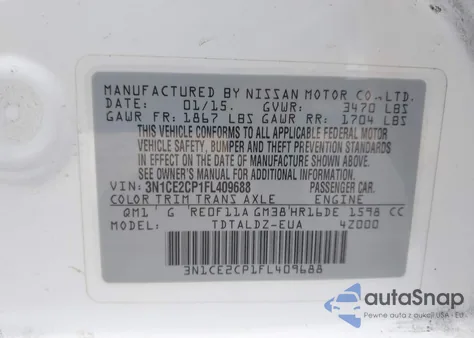 2015 Nissan Versa Note Sv из США, поврежденный, VIN 3N1CE2CP1FL409688